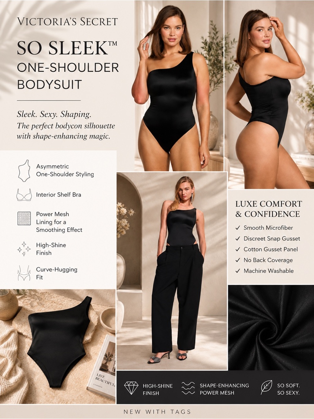 NWT Victoria’s Secret So Sleek Black One-Shoulder Shaping Bodysuit High Shine